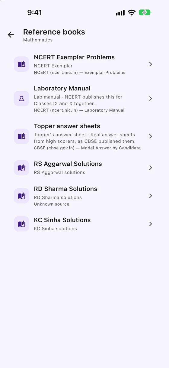 A reference books shelf listing NCERT Exemplar Problems, a laboratory manual, topper answer sheets, and RS Aggarwal, RD Sharma and KC Sinha solutions.