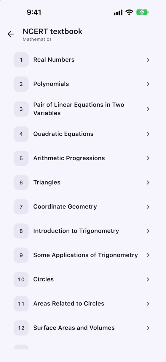 The chapter list for the NCERT Mathematics textbook, numbered one to twelve, starting at Real Numbers and Polynomials.