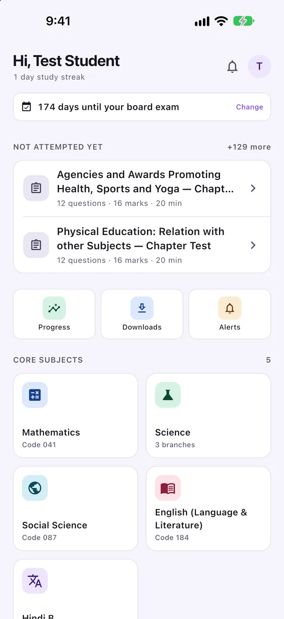 The app's home screen: a greeting, a study streak, a countdown reading 174 days until your board exam, two suggested chapter tests, and a grid of subject tiles.