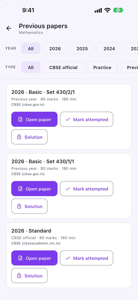 Previous papers for Mathematics, filtered by year and type, each card offering to open the paper, mark it attempted, or open its solution.