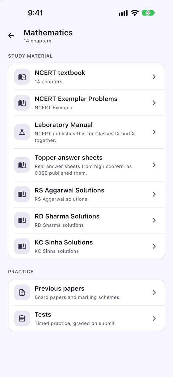 The Mathematics subject screen, listing study material — NCERT textbook, exemplar problems, laboratory manual, topper answer sheets and three solution books — above a practice section with previous papers and tests.
