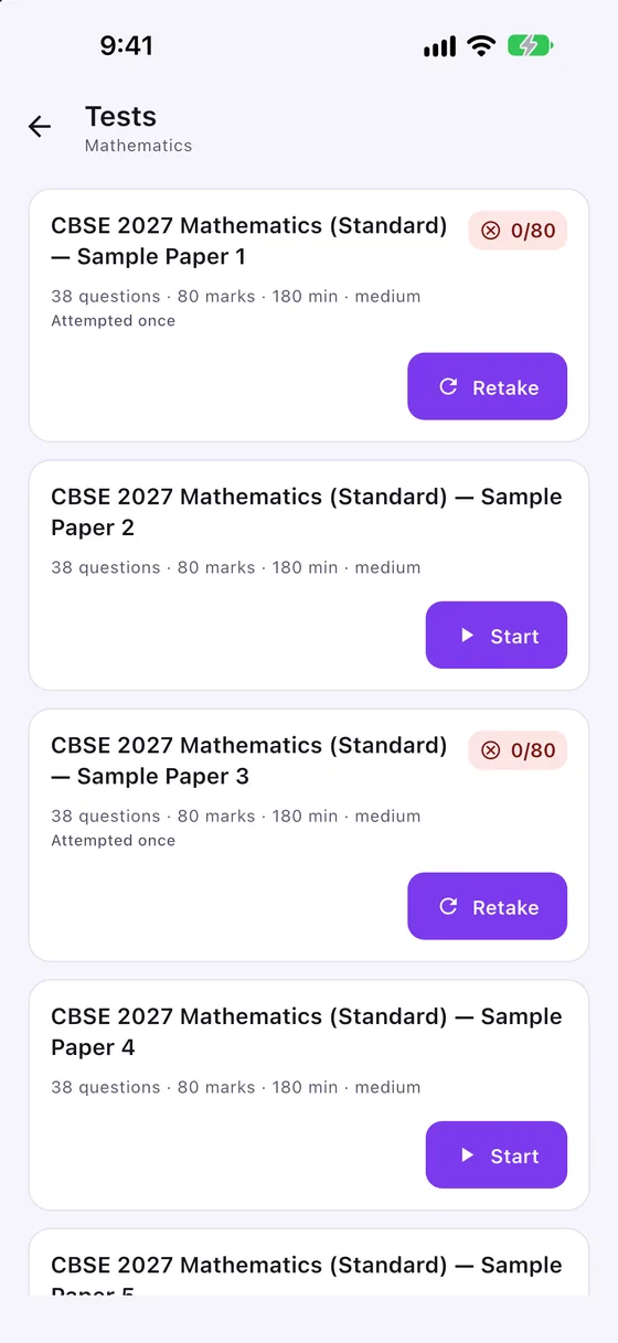 The tests list for Mathematics, showing CBSE sample papers with question counts, marks and durations, and a retake button on ones already attempted.